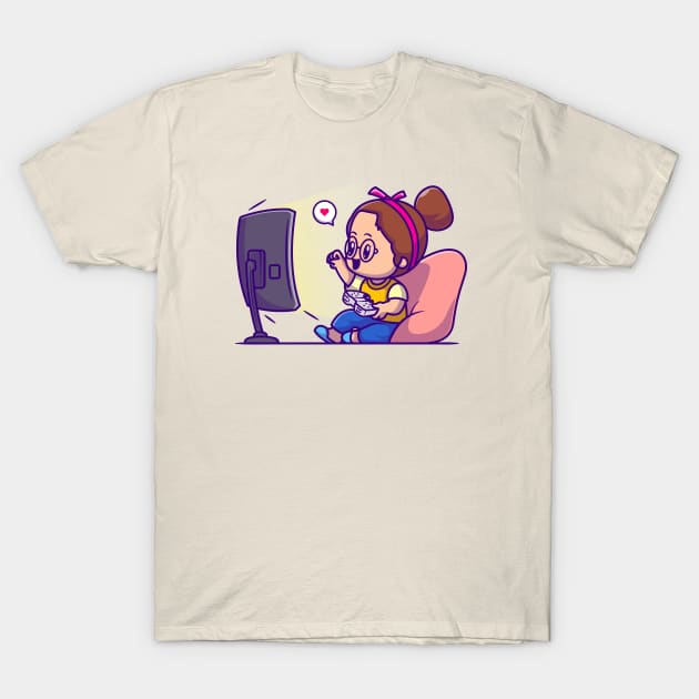 Cute Girl Playing Game Cartoon T-Shirt by Catalyst Labs